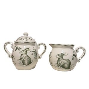 Maxcera GREEN RABBIT TOILE Floral CREAMER & sealed SUGAR BOWL w/Lid NEW 3 pc Set